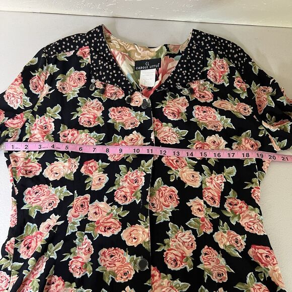 VTG Carol Little Button Down Top Womens 12 Black Pink Floral Beaded Notch Collar - Picture 6 of 10